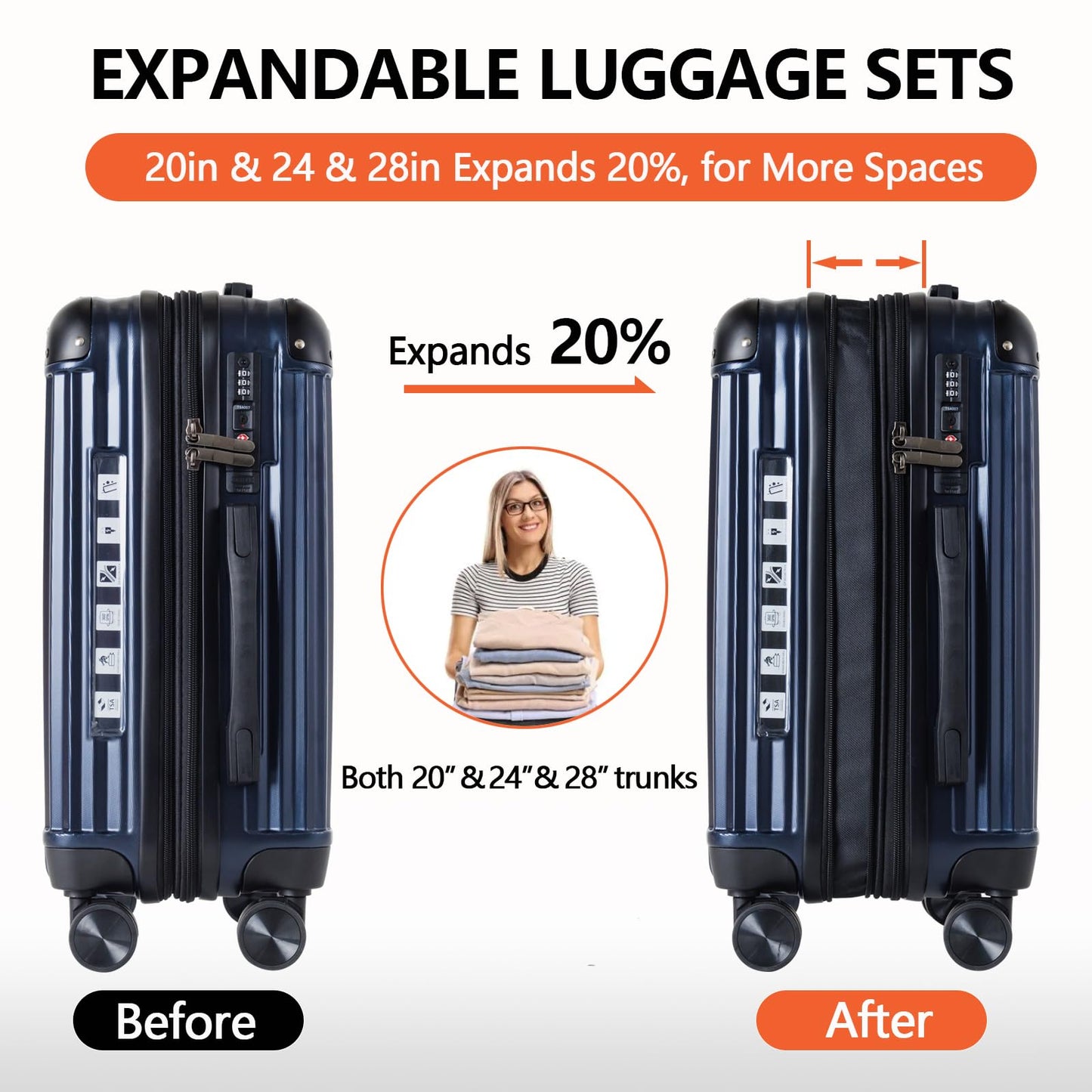 3 Piece Hard Sided Luggage Set with 360° Silent Spinner Wheels-20/24/28 Inches