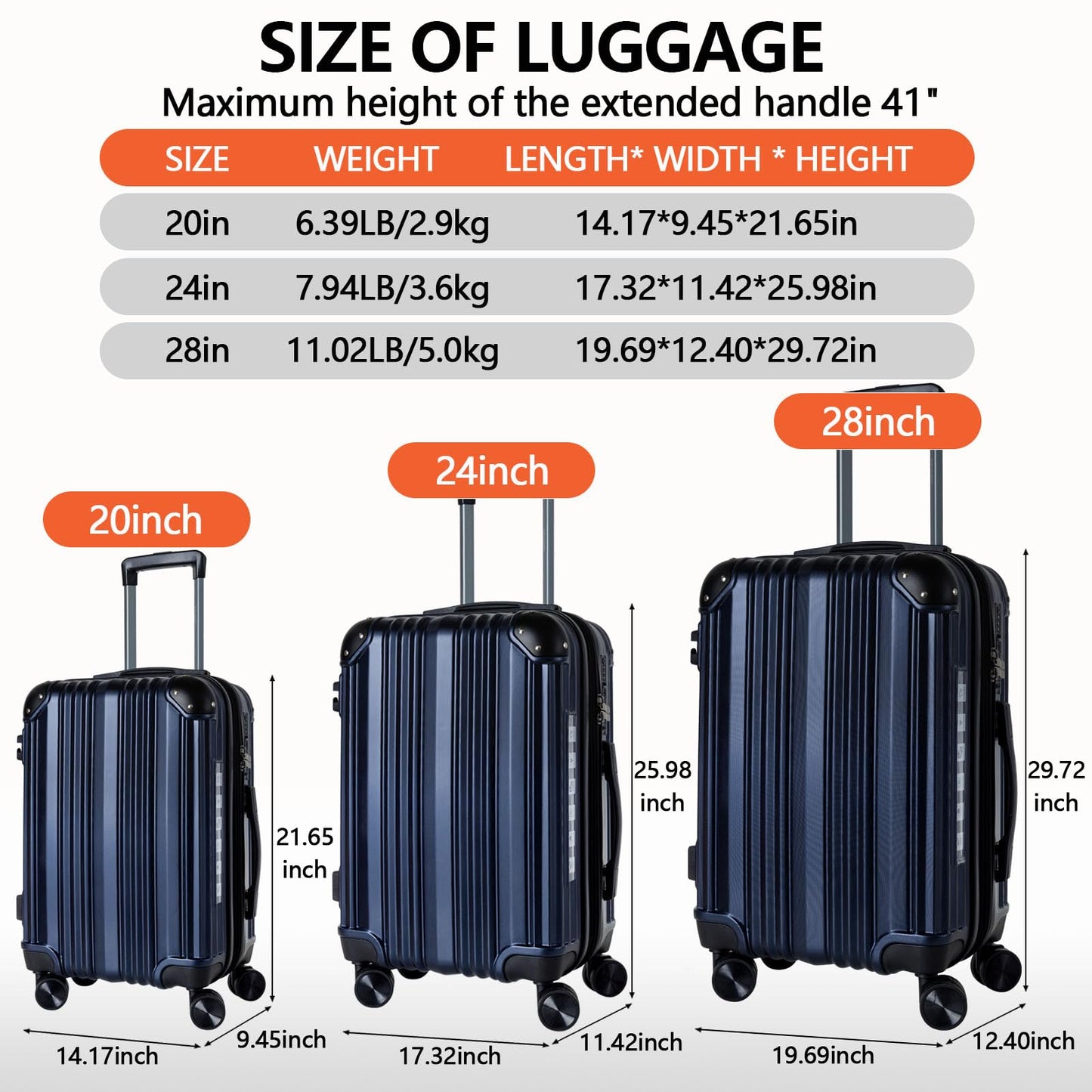 3 Piece Hard Sided Luggage Set with 360° Silent Spinner Wheels-20/24/28 Inches