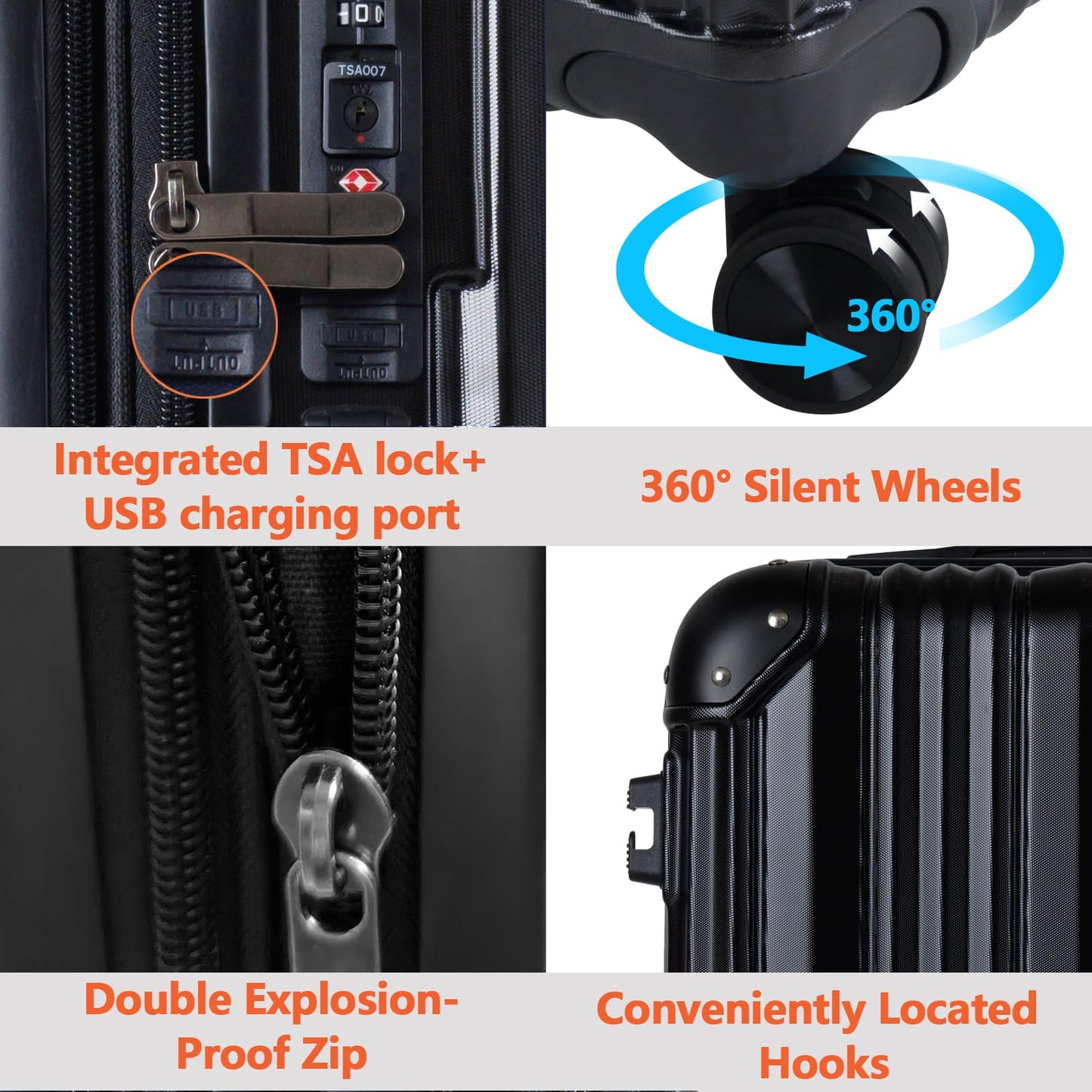 3 Piece Hard Sided Luggage Set with 360° Silent Spinner Wheels-20/24/28 Inches