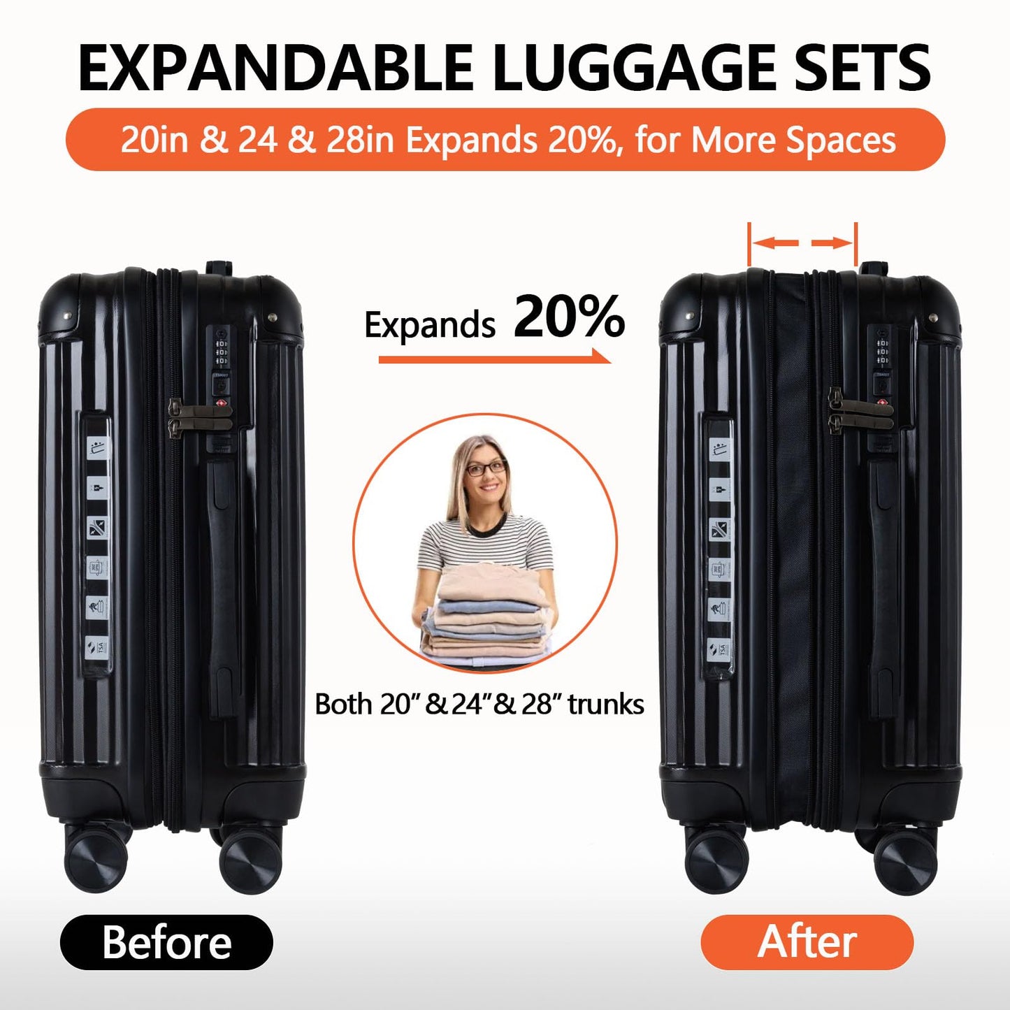 3 Piece Hard Sided Luggage Set with 360° Silent Spinner Wheels-20/24/28 Inches