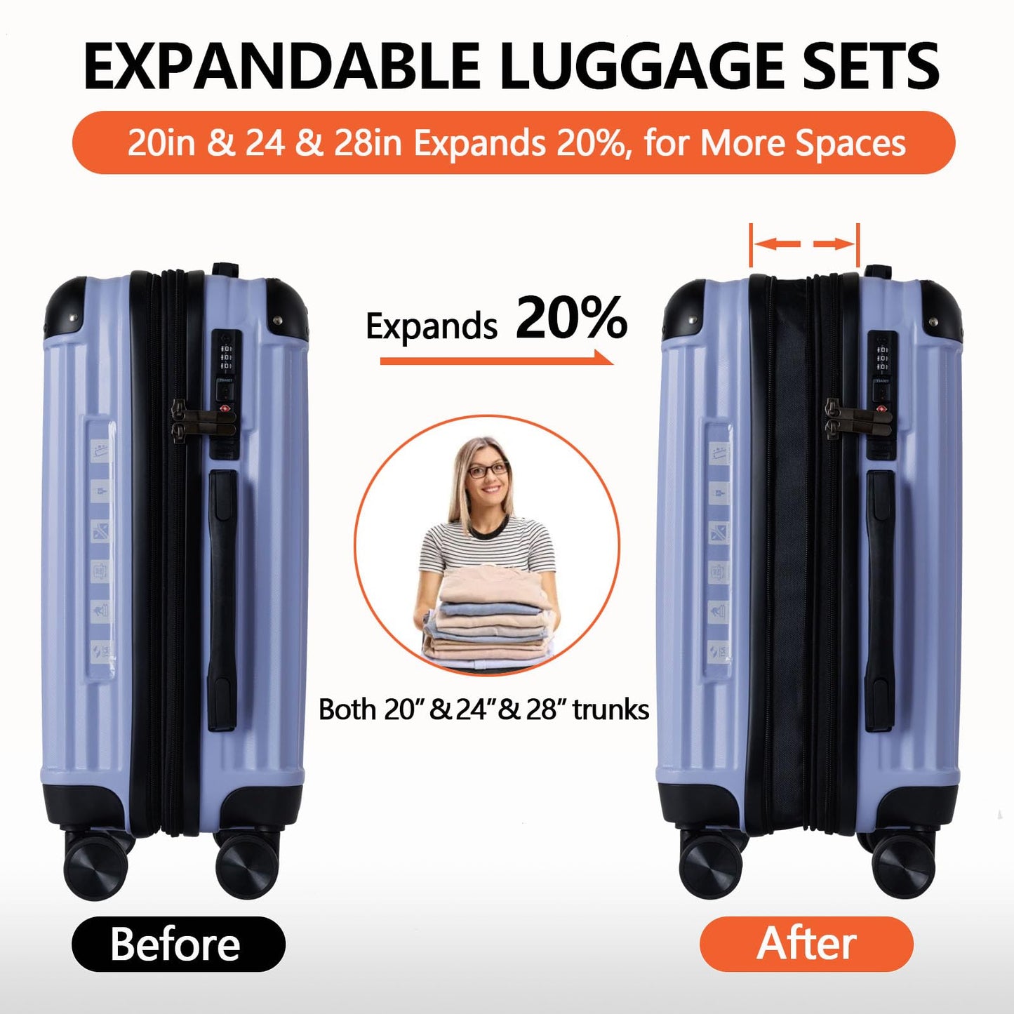 3 Piece Hard Sided Luggage Set with 360° Silent Spinner Wheels-20/24/28 Inches