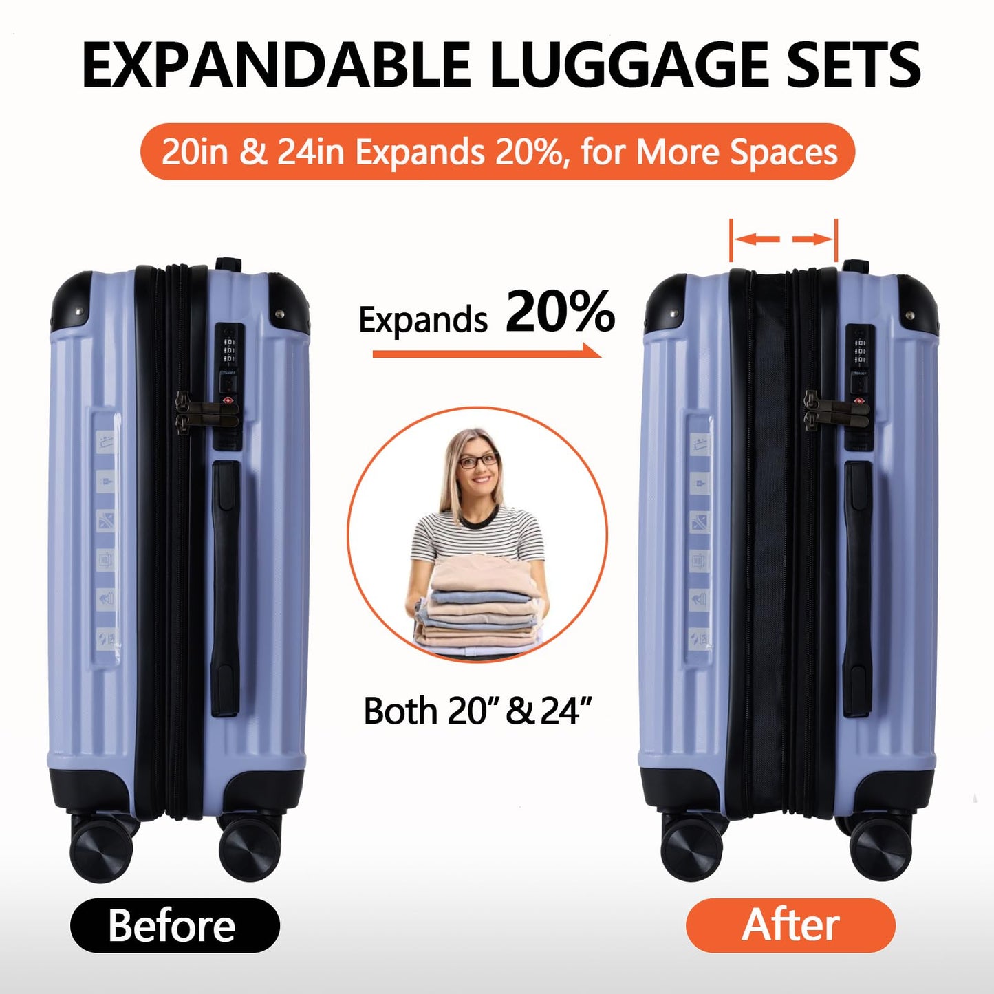 20/24 Inch Hardshell Carry-On Luggage Set with 360° Silent Spinner Wheels - 2 Piece