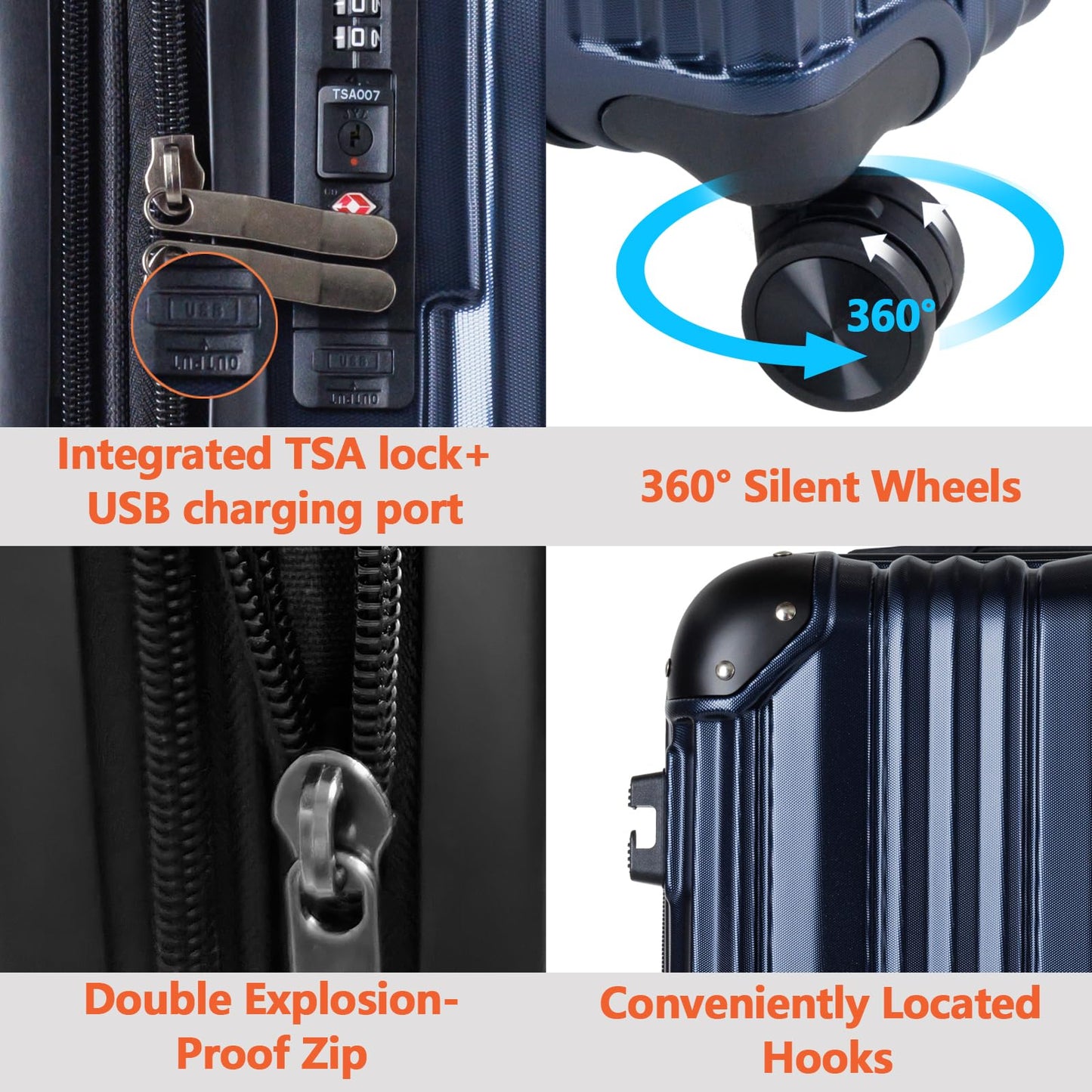 3 Piece Hard Sided Luggage Set with 360° Silent Spinner Wheels-20/24/28 Inches